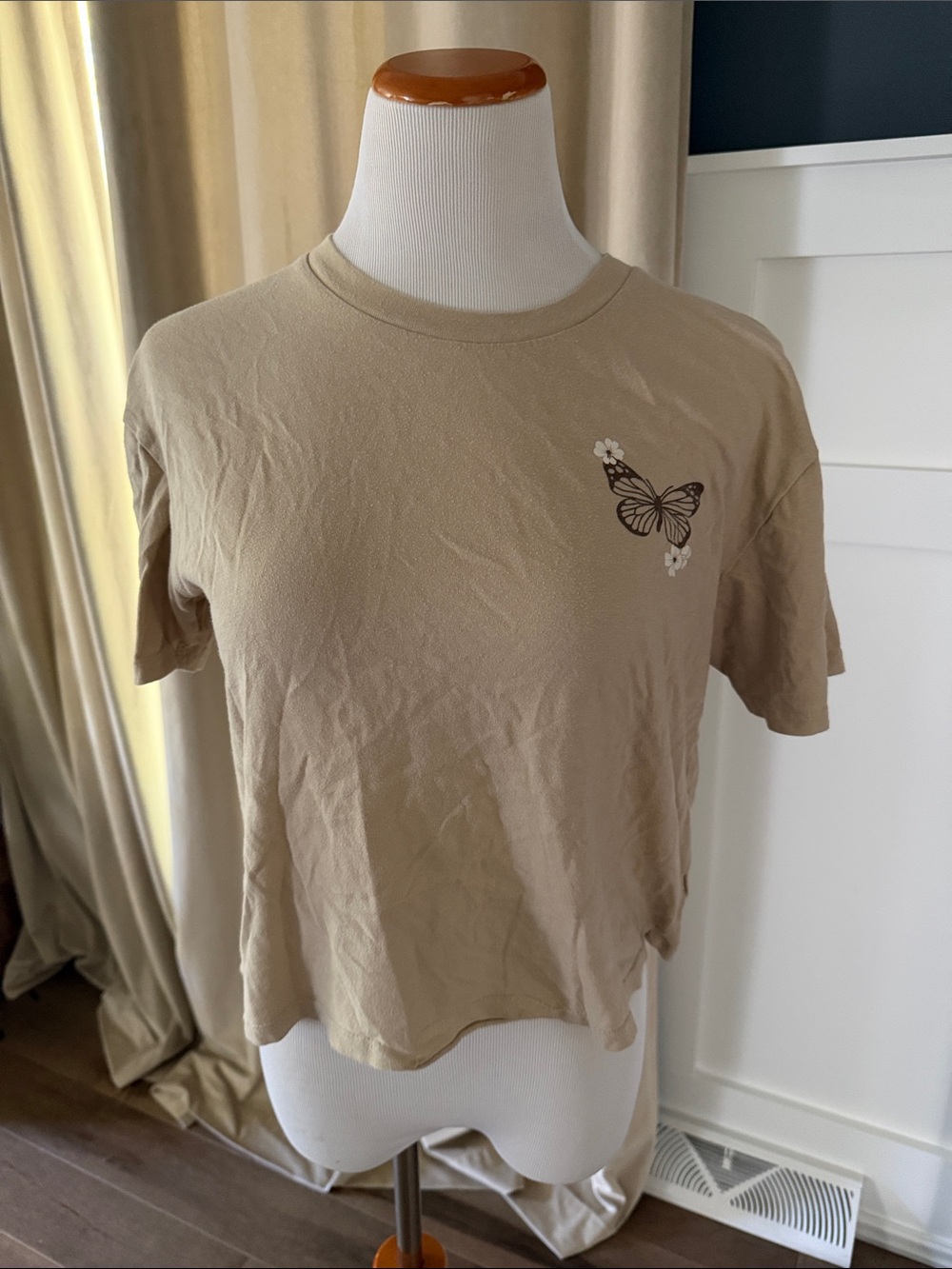 Rebellious One Beige Butterfly Chest Graphic Short Sleeve Tee